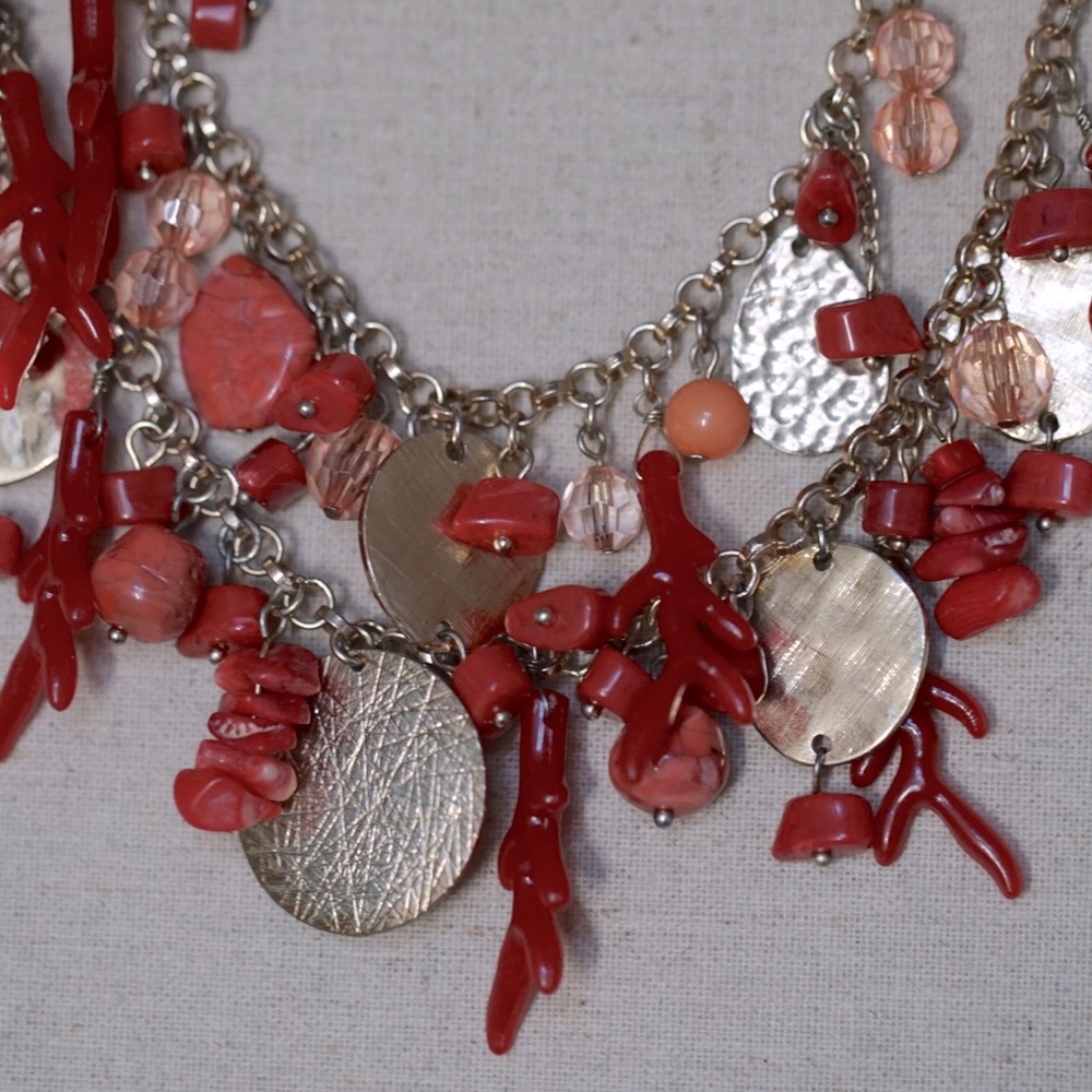 Coral Red and Gold Coin Two-Strand Necklace